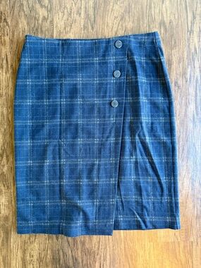J. Jill Navy Plaid Pencil Skirt with Button Accent